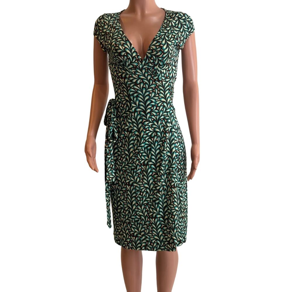 Diane Von Furstenberg DVF Kye Wrap Dress Size 10 Silk Jersey Turquoise Brown - Picture 2 of 13